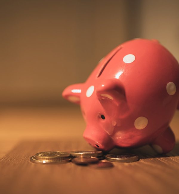 ceramic piggy bank with its snout in a pile of coins
